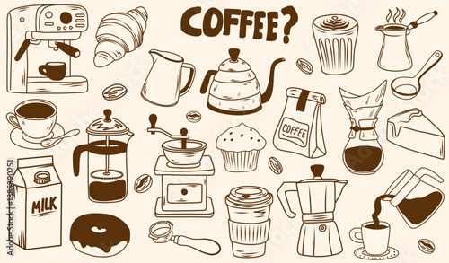 Coffee Doodle Vector Set With Brewing Tools Beans Cups Bakery Elements Hand Drawn Style