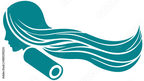 An abstract female profile with flowing hair and a rounded cylindrical element