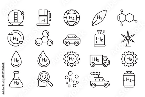 H2 Technology Icons for Renewable Energy and Sustainable Industry