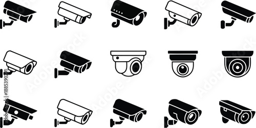 A comprehensive collection of fifteen diverse security camera icons in black and white