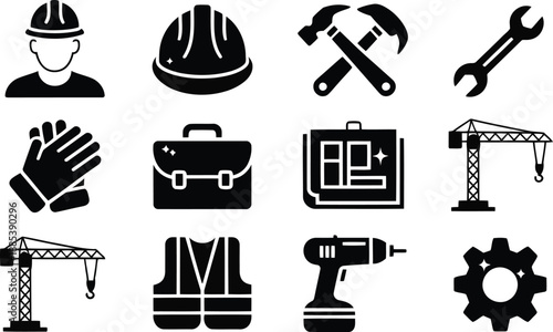 A comprehensive collection of construction and engineering industry worker tools and safety equipment icons