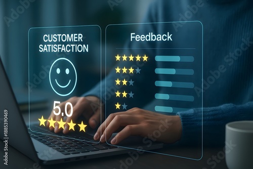 Customer satisfaction rating dashboard showing five star positive feedback