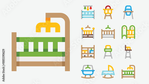 Baby furniture and nursery room icons set