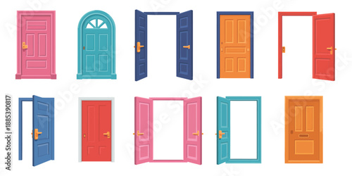 Open and Closed Cartoon Door Vector Set with Colorful Entrance and Exit Doors, Handles, Frames, and Home Exterior Architecture Illustration Isolated on White Background