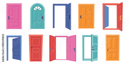 Open and Closed Cartoon Door Vector Set with Colorful Entrance and Exit Doors, Handles, Frames, and Home Exterior Architecture Illustration Isolated on White Background