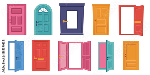 Open and Closed Cartoon Door Vector Set with Colorful Entrance and Exit Doors, Handles, Frames, and Home Exterior Architecture Illustration Isolated on White Background
