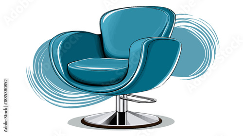 Artistic illustration of a modern, teal-colored chair with a brushed, circular background