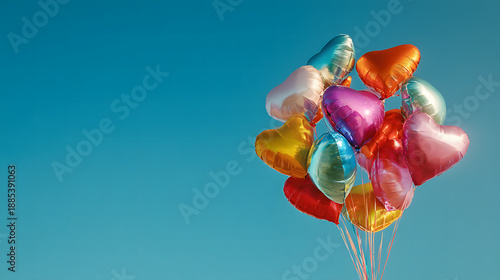 Valentine's Day heart shaped balloons tied in a bouquet flying in the clear blue sky with copy space for text. Love messages concept.