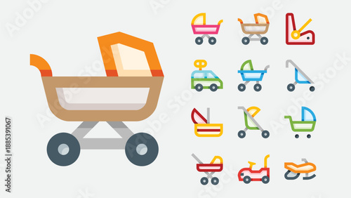 Baby transport and stroller icons set