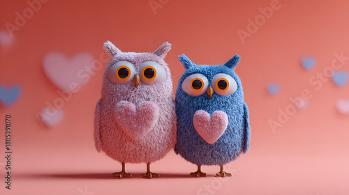 Happy Valentine's day. Two owls on a red background with copy space for text. Love is all around concept.