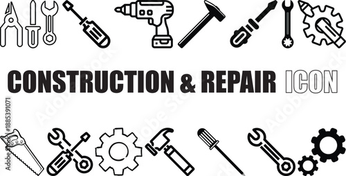 Construction & Repair Tool Icon Set Flat Vector Hardware and Equipment Symbols