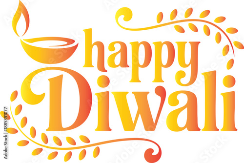 Happy Diwali Gradiant Typographic Design with Diya and Leaves