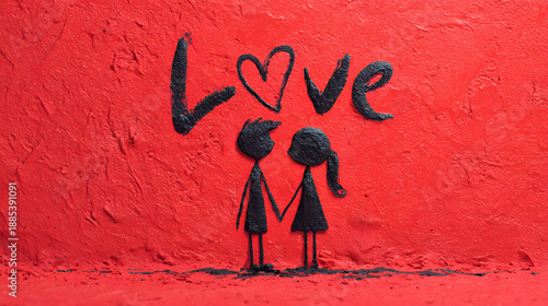 Valentine's day card. A boy and a girl holding hands with love written above them. Copy space for text. Love celebration concept.