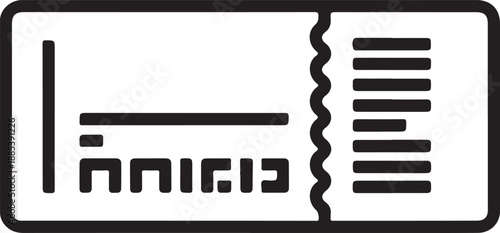 Black line icon of a ticket with perforated edge and text.