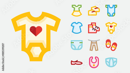 Baby wear and children clothing icons set