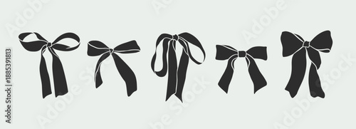 Set of black different bow knots and gift ribbons. Hand drawn vintage various bowknots and hair accessories. Vector isolated design elements for decoration, party, holiday, wedding celebration, gift