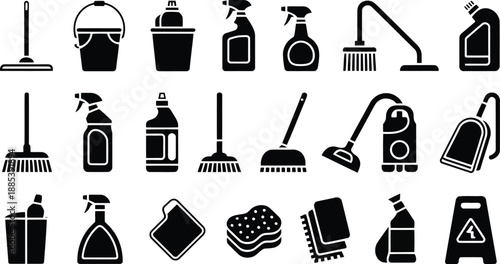 A comprehensive collection of various cleaning tool icons displayed as black silhouettes on a pure white background