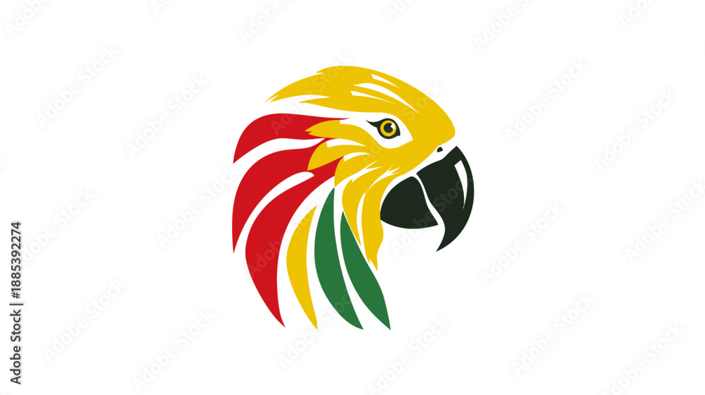Obraz premium A stylized parrot head in profile, featuring a palette of yellow, red, green, black against a white background