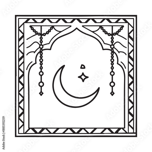 Geometric Ramadan Coloring Page Frames With Hanging Crescent Moon And Islamic Lanterns. 