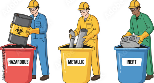 Workers sorting hazardous, metallic, and inert waste into labeled recycling bins