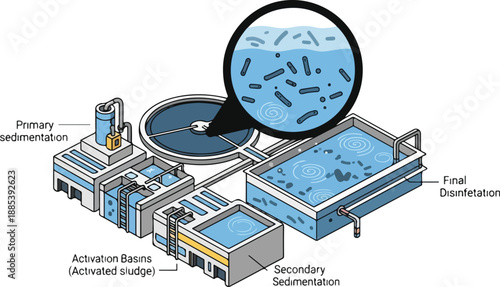 Wastewater treatment plant with activated sludge process and final disinfection via microscope view