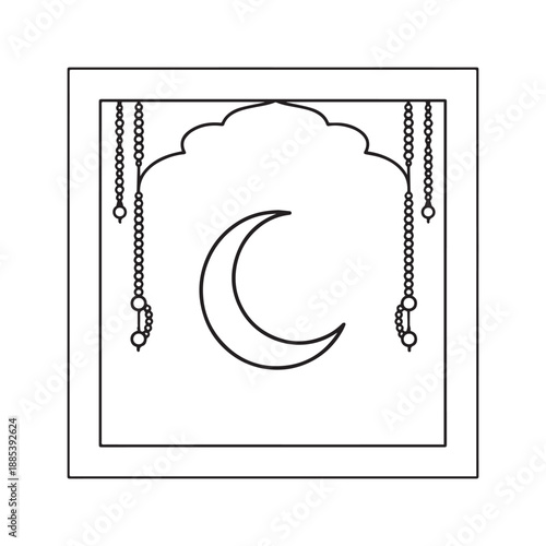 Geometric Ramadan Coloring Page Frames With Hanging Crescent Moon And Islamic Lanterns. 