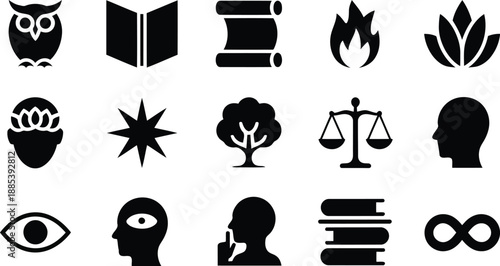 A comprehensive set of black icons symbolizes concepts like wisdom, perception, learning, and human thought processes