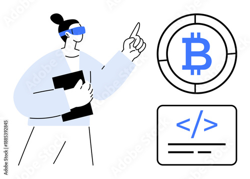 Cryptocurrency, blockchain coding, fintech development, digital economy, decentralized finance, secure transactions. A person in VR glasses pointing at a Bitcoin symbol and blockchain-related