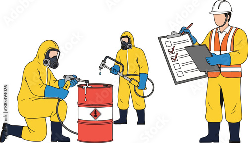 Workers in hazmat suits handle and inspect a red chemical barrel outdoors.