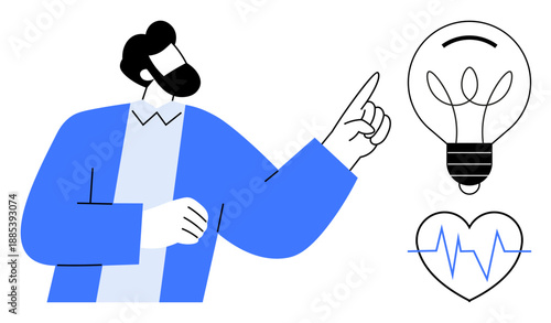 Innovation, health, problem-solving, creativity, medical care, wellness. A man gestures toward a light bulb and heartbeat symbol. Innovation and health ideas by creativity and wellness