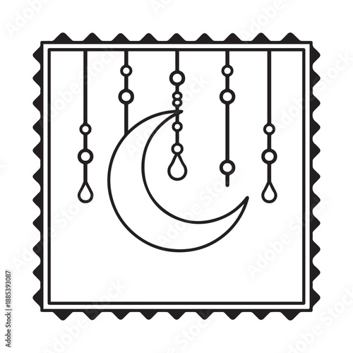 Geometric Ramadan Coloring Page Frames With Hanging Crescent Moon And Islamic Lanterns. 