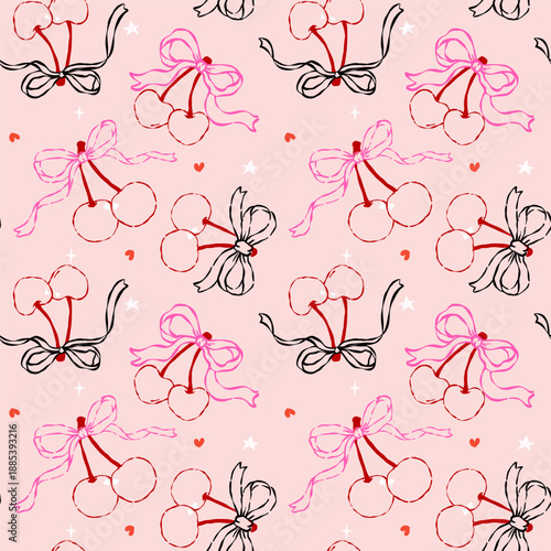 Coquette Seamless Pattern Valentine cherries art hand drawn in whimsical Groovy retro isolated on background