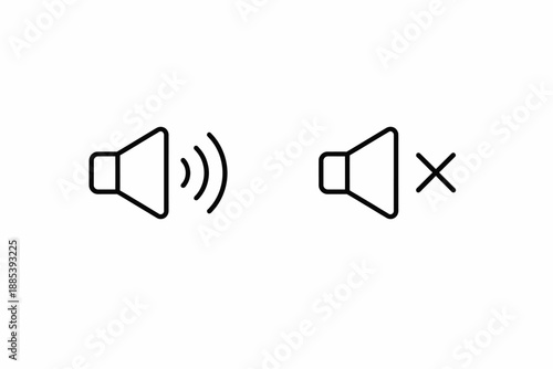 Volume speaker sound on and mute off line icons set. Audio control graphic illustration.