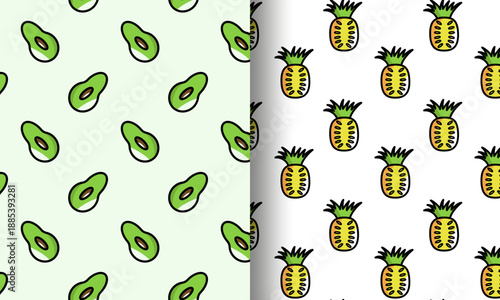 Set of two seamless fruit patterns cartoon avocados on light green and pineapples on white background
