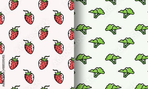 Set of two seamless patterns cartoon strawberries on pink and broccoli florets on light green background