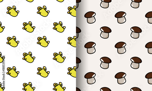 Set of two seamless vegetable patterns stylized ginger roots on white and mushrooms on beige background