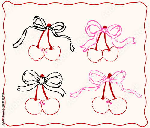 Whimsical Coquette Valentine cherries with ribbon bow outline wavy hand drawn with vintage retro vibe set