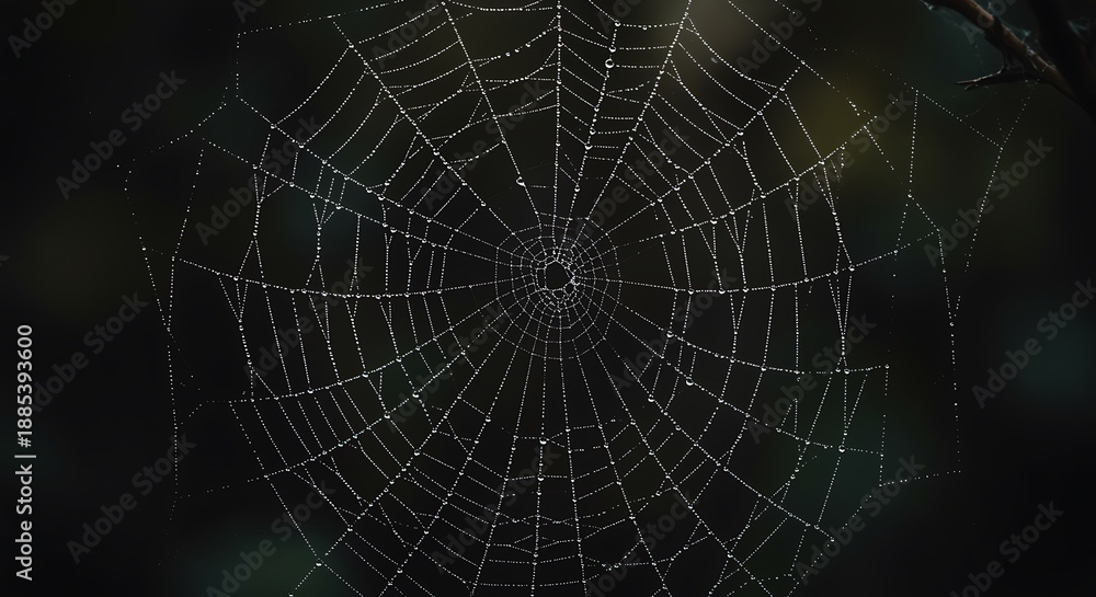 Fototapeta premium Cobweb with dew drops on black background morning nature scene