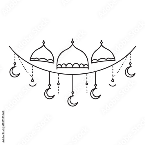 Geometric Ramadan Coloring Pages With Hanging Islamic Lanterns And Crescent Moon Borders.