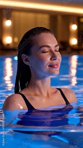 Woman enjoying a serene moment in a brightly lit indoor pool