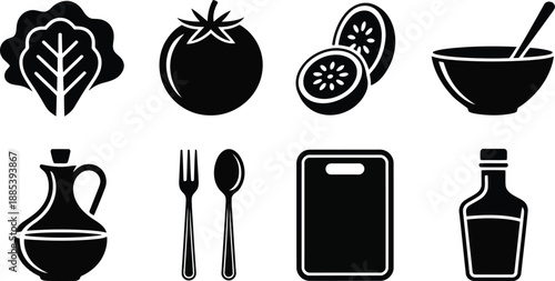 A comprehensive set of black silhouette icons illustrating various fitness, exercise, and wellness activities and equipment