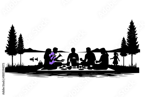 A large family group enjoys a relaxing picnic together by the beautiful lakeside