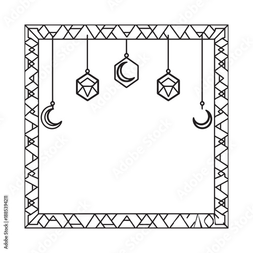  Geometric Ramadan Line Art Frame With Hanging Crescent Moon Lanterns.