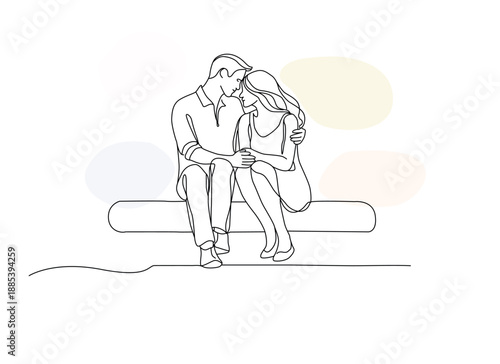 Romantic Couple Sitting on Steps Line Art – Minimal Continuous Single-Line Art Valentine Illustration – Elegant Modern Romantic Line Drawing