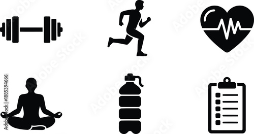 A comprehensive set of black silhouette icons representing modern fitness, health, and wellness practices