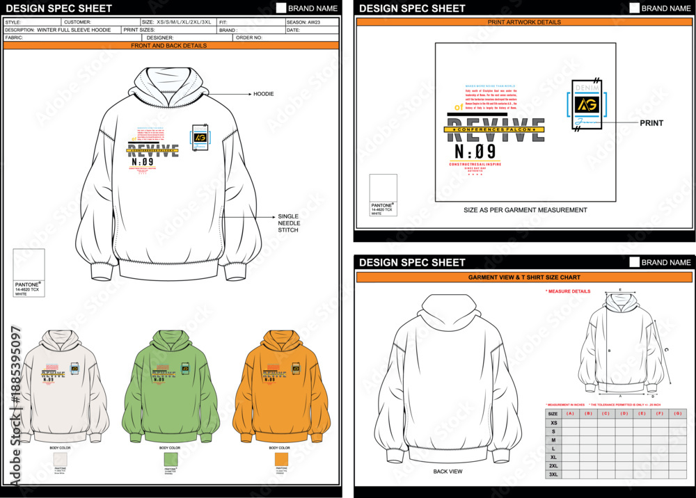 Fototapeta premium REVIVE PRINT ON HOODIE FLAT SKETCH FASHION TEMPLATE TECHNICAL ILLUSTRATION