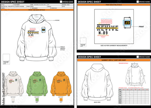 REVIVE PRINT ON HOODIE FLAT SKETCH FASHION TEMPLATE TECHNICAL ILLUSTRATION
