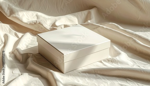 Photorealistic packaging box mockup on neutral fabric surface, suitable for branding, advertising, and presentation use
