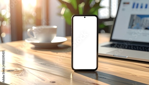 Photorealistic smartphone mockup on coworking space desk with laptop and coffee, suitable for branding, advertising, and presentation use