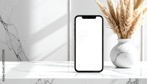 Photorealistic smartphone mockup on marble table in luxury interior, suitable for branding, advertising, and presentation use